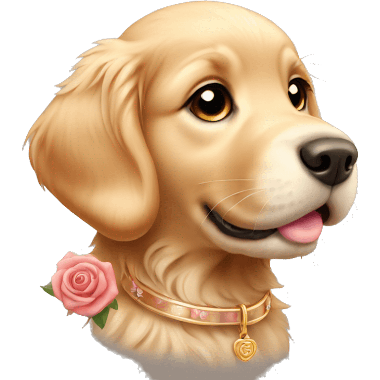 Golden retriever puppy with a rose gold collar emoji