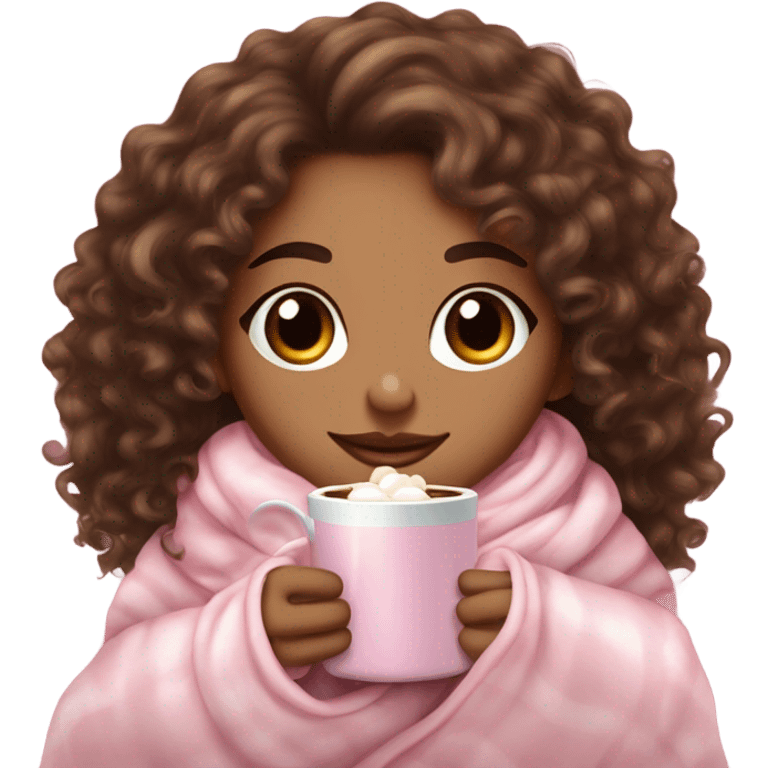 Light skin girl  with brown curly hair under our pink blanket,make her look like a young  make it so you can see the curly hairsipping hot cocoa with marshmallows, cuddled around the blanket, long curly hair, long, medium lashes emoji