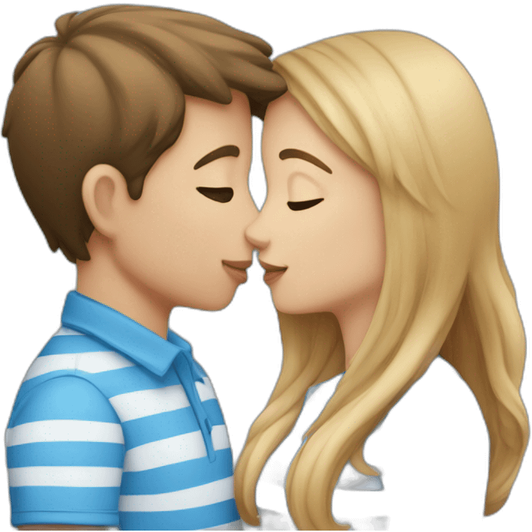 boy in blue shirt with white stripes kissing a girl with blue shirt and white stripes emoji