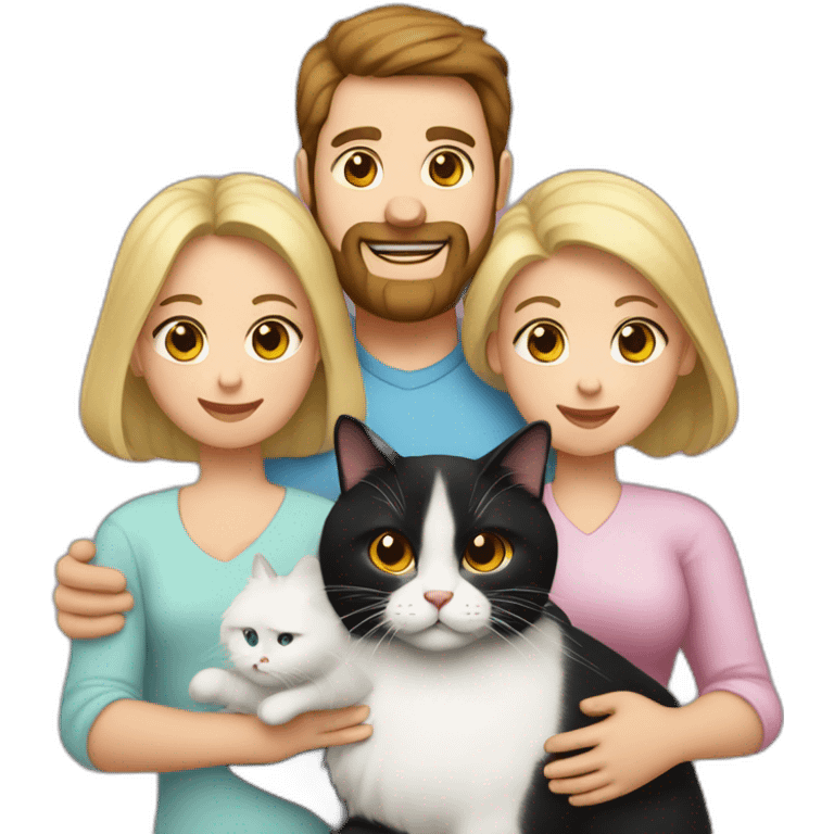 Family photo a fat husband with a beard is holding a white cat and wife with straight hair is holding another black cat emoji