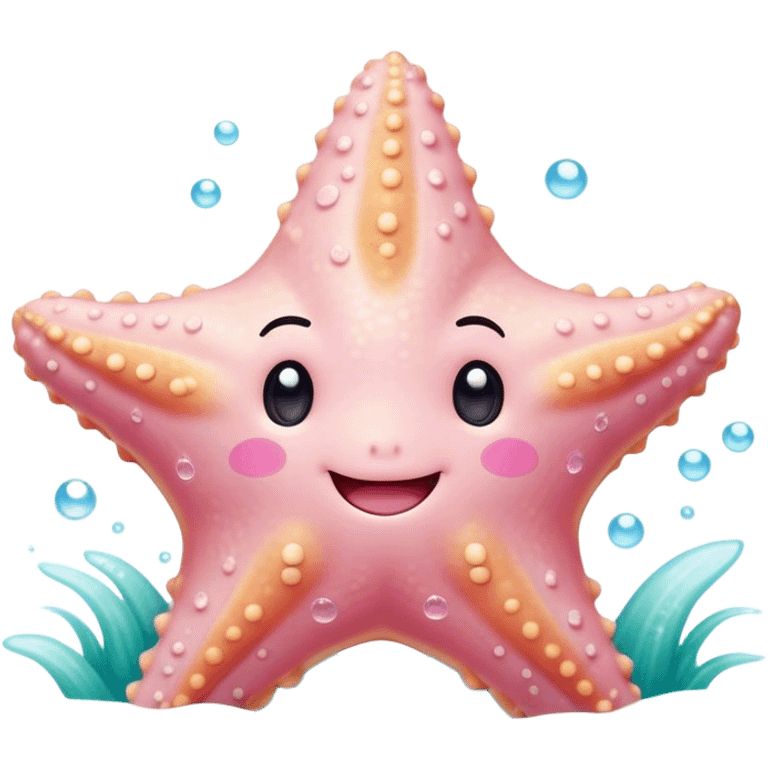 Cinematic cute round starfish, pastel pink, soft bumpy texture, tiny happy face, slightly tilted, glowing warmly, sparkling with gentle ocean magic. emoji