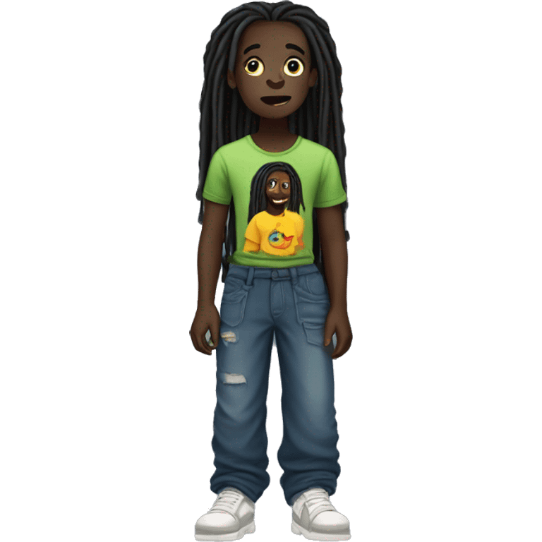 dark-skinned person with long dreads wearing a enfants de primes t-shirt and over sized pants  emoji