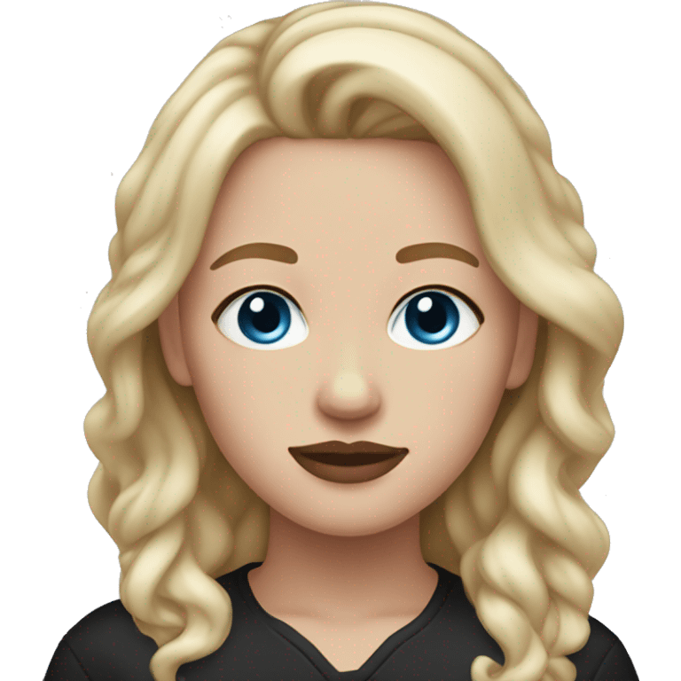 a woman with freckles and blue eyes, light skin, blonde hair and dark roots. black clothes. light pink lips. emoji