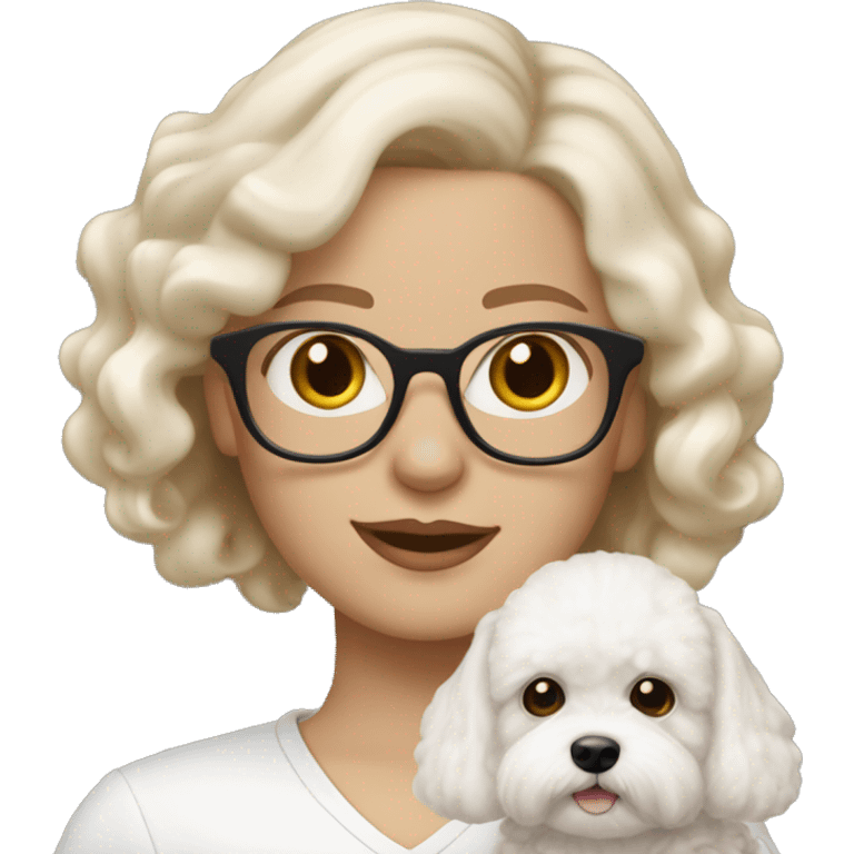 white-woman-with-white- wavy-medium-hair-big-hazel-eyes-and-glasses- holding- Bichon with light brown ears  emoji