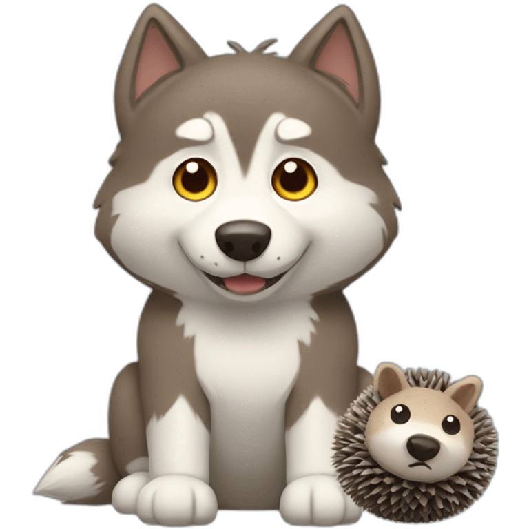 Brown husky with small gray hedgehog toy emoji