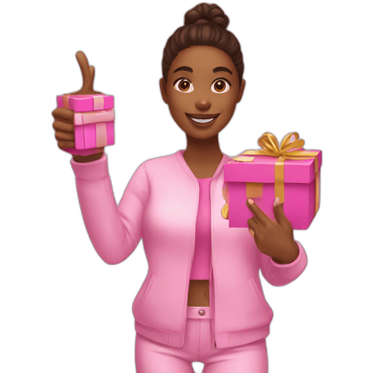 influencer promoting a pink gift box in her arms and thumb up emoji