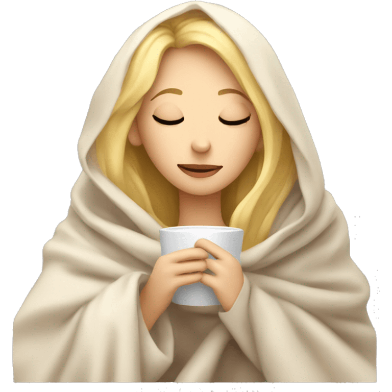 girl inside a blanket sipping coffee eyes closed blonde hair emoji