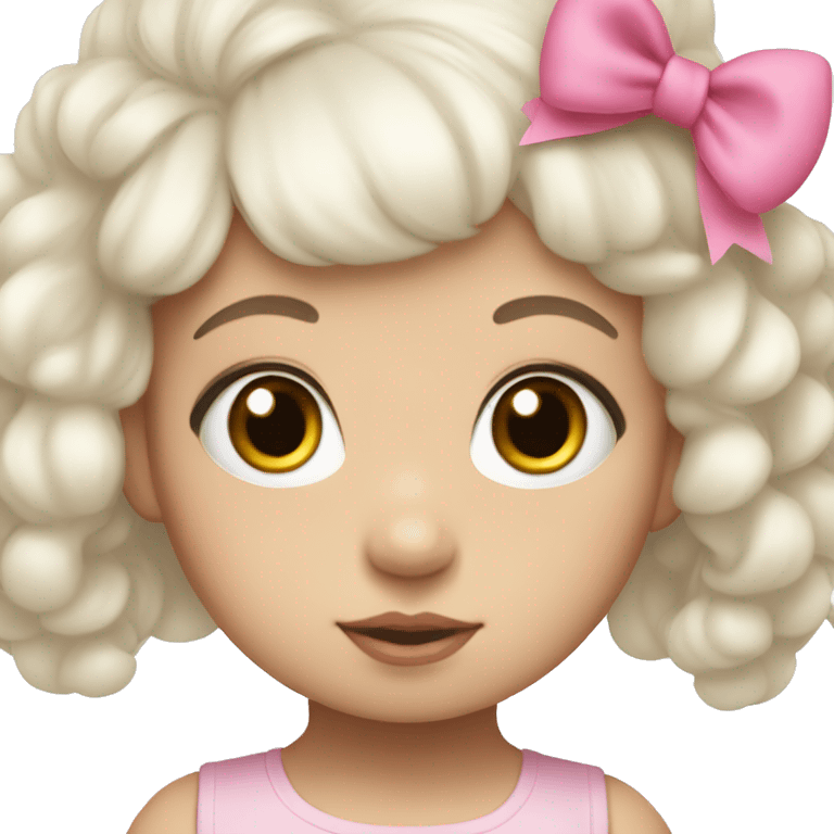 white and korean baby girl with big eyes, black hair and a pink bow in her hair. emoji