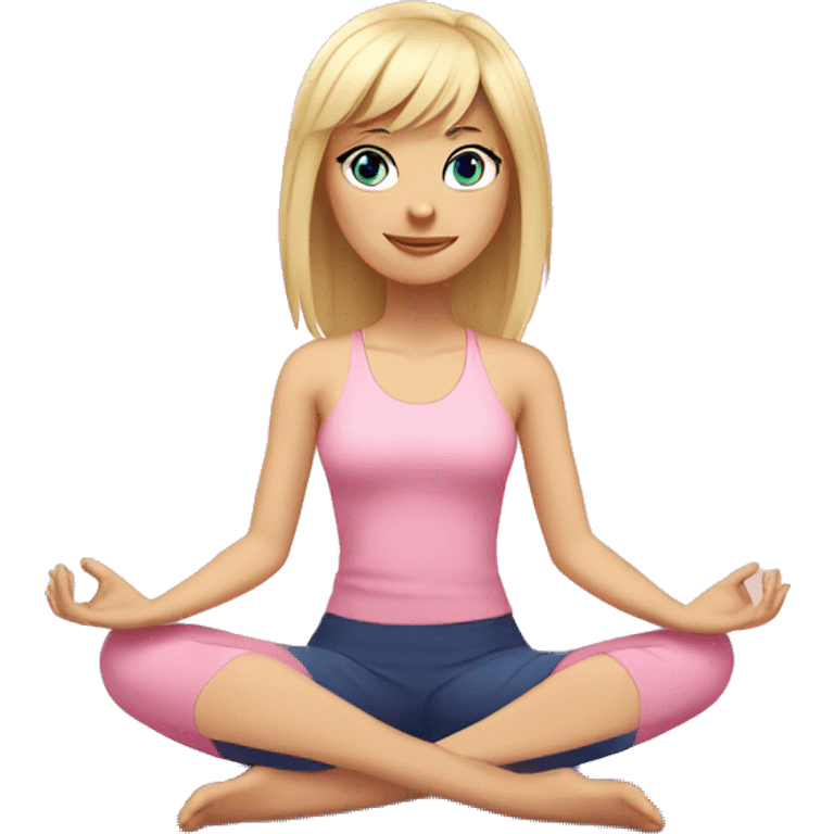 blonde with bangs and blue eyes yoga girl light pink clothes sitting on yoga mat emoji