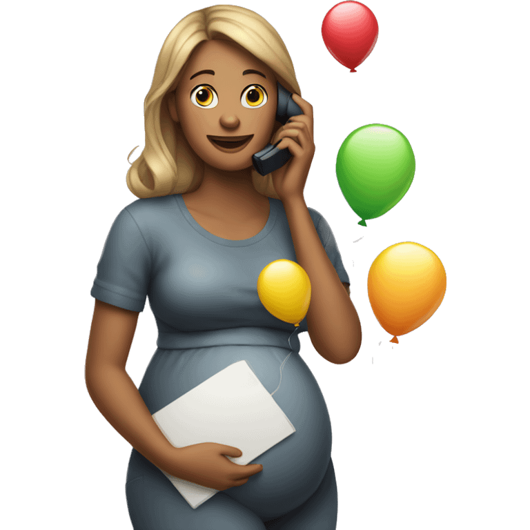 A pregnant woman makes a phone call with balloons in her hands emoji