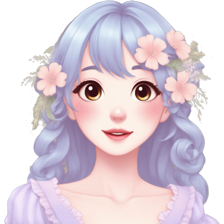 Gorgeous pastel anime style lady with blushing face and flowers cottagecore fairycore pastelcore colorful pearly romantic simplistic aesthetic trending style emoji