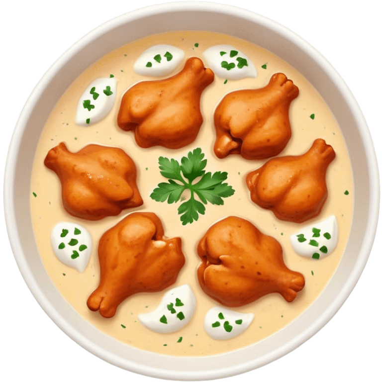 Butter Chicken Cinematic Realistic Butter Chicken Dish Emoji, depicted as tender chicken pieces sliced up and bathed in a creamy white sauce garnished with fresh cilantro, rendered with rich textures and vibrant, appetizing lighting. emoji