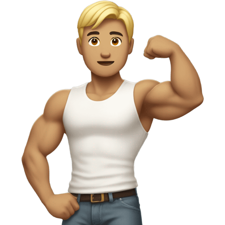 asian personal trainer short golden hair white vest man flexing bicep emoji