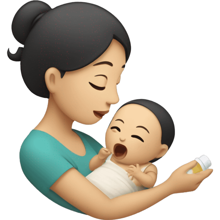 An Asian woman feeds her baby from a bottle emoji