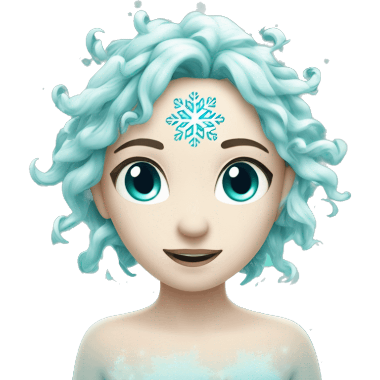 A delicate turquoise snowflake with white accents, glowing softly, floating in a wintery scene. emoji