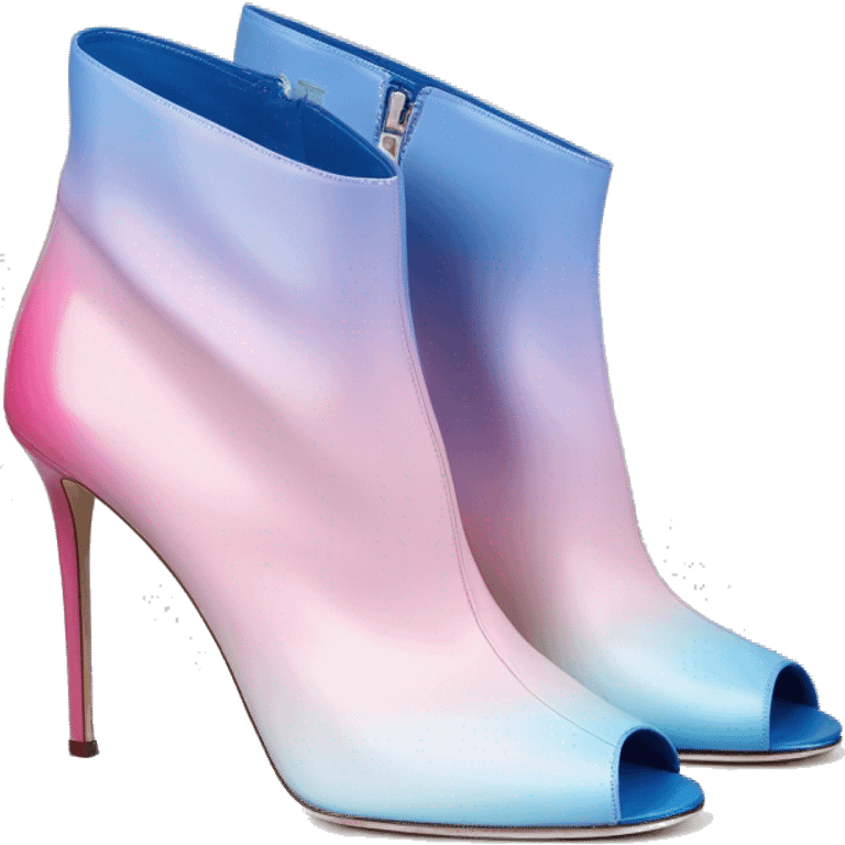 Realistic isolated top view of a pair of bubblegum pink,periwinkle off white,,pastel pink and pastel light blue ombre Jimmy Choo stiletto peep toe ankle boots. emoji