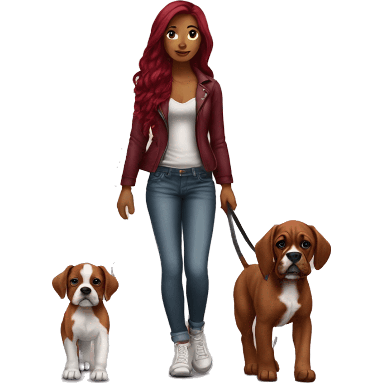 Beautiful tattooed  burgundy long haired woman walking a boxer puppy emoji