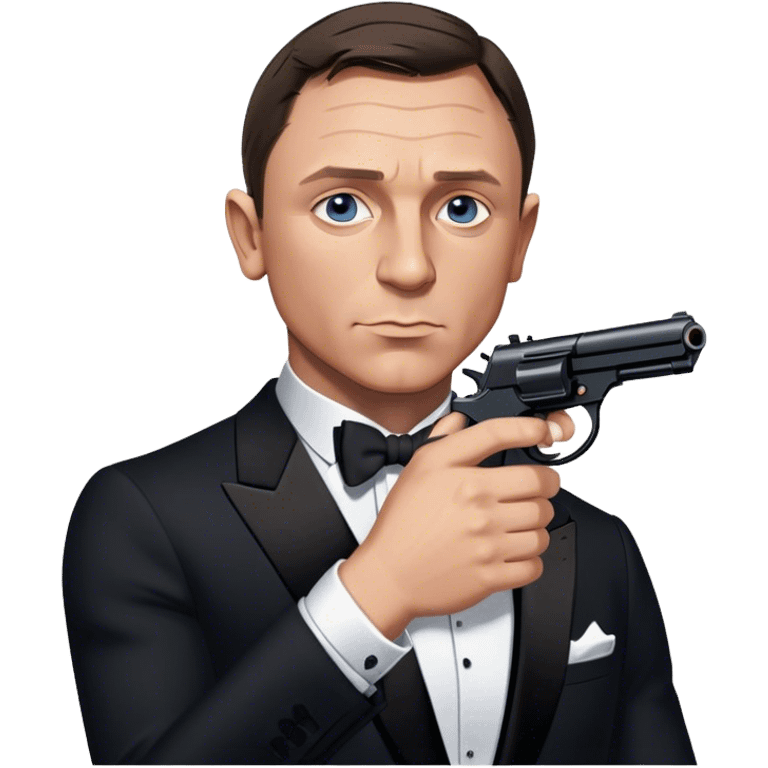 Cinematic Realistic James Bond Daniel Craig Portrait Emoji, depicted as the ultimate suave and enigmatic secret agent, donning a sharply tailored tuxedo, gripping a sleek handgun, with a piercing gaze that exudes confidence and danger. The scene is infused with moody, high-contrast cinematic lighting, evoking the thrilling world of espionage and intrigue. emoji