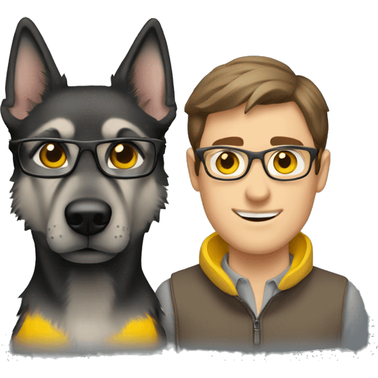 a guy with brown hair, black thin glasses and grey eyes with the grey german shepherd with yellow eyes emoji