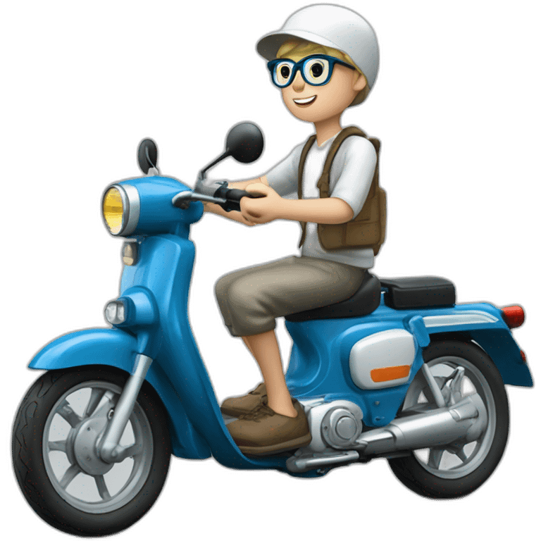 blone boy with eyeglasses and cap driving blue honda supercub emoji