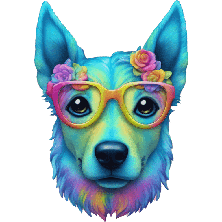 Multicolored rainbow retro groovy tie dye hippie trippy floral patterns on a metallic holographic iridescent blue dog face head unicorn emoji