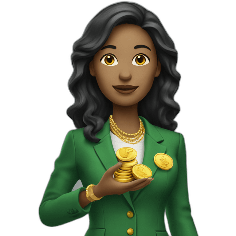 Posh-woman-with-green-suit-holding-golden-coins emoji