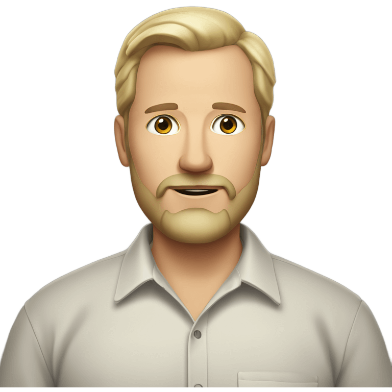 middle aged english man, short slicked back hair blonde, blonde medium length size full beard, in a smart unbuttoned shirt. emoji