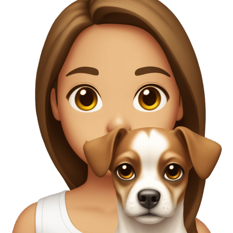 A girl with long brown hair, big brown eyes, very big lips wearing a white singlet top, she is holding a chihuahua that is completely light yellow  emoji