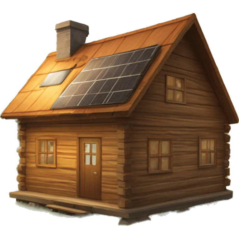 Wood Cabin near tree, 5 stories tall solar, grass field  emoji