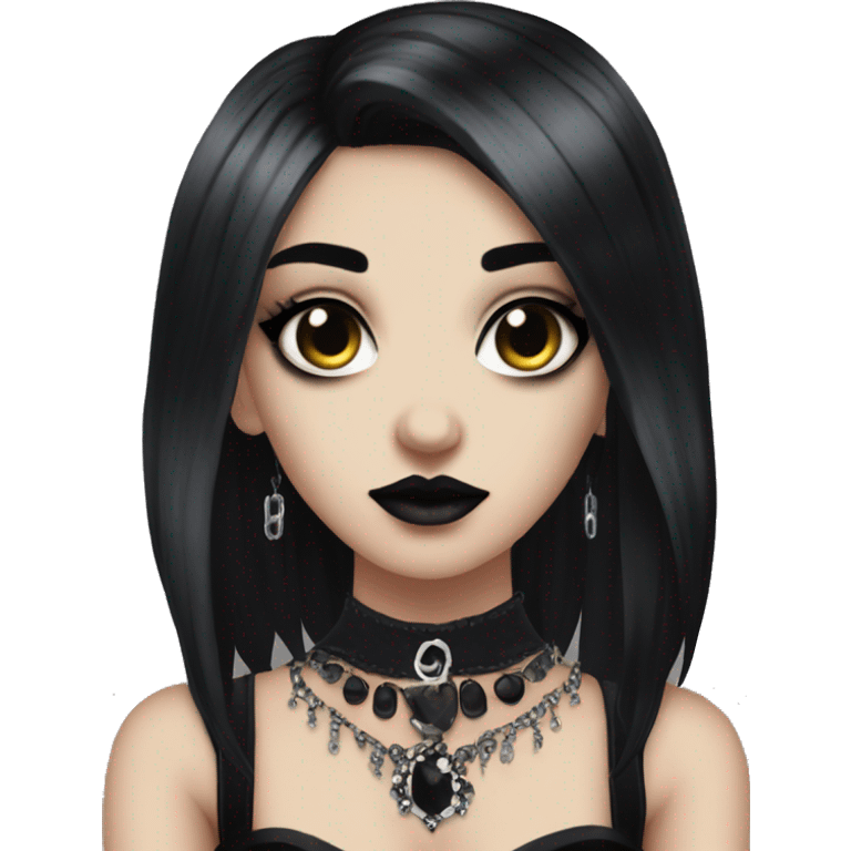 Goth girl, with black hair, black makeup, jewellery, a black corset, and piercings emoji