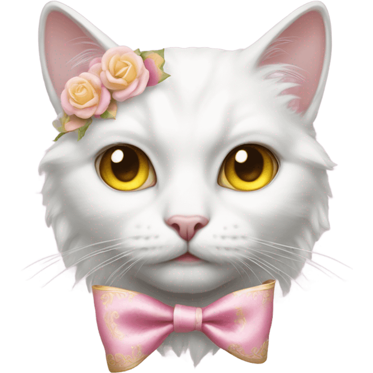 Realistic white cat with yellow eyes wearing pink rococo bow emoji