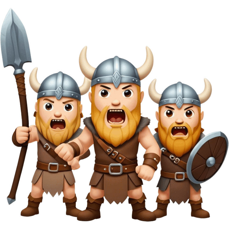 three different Vikings scream, weapons in their hands, realistic emoji