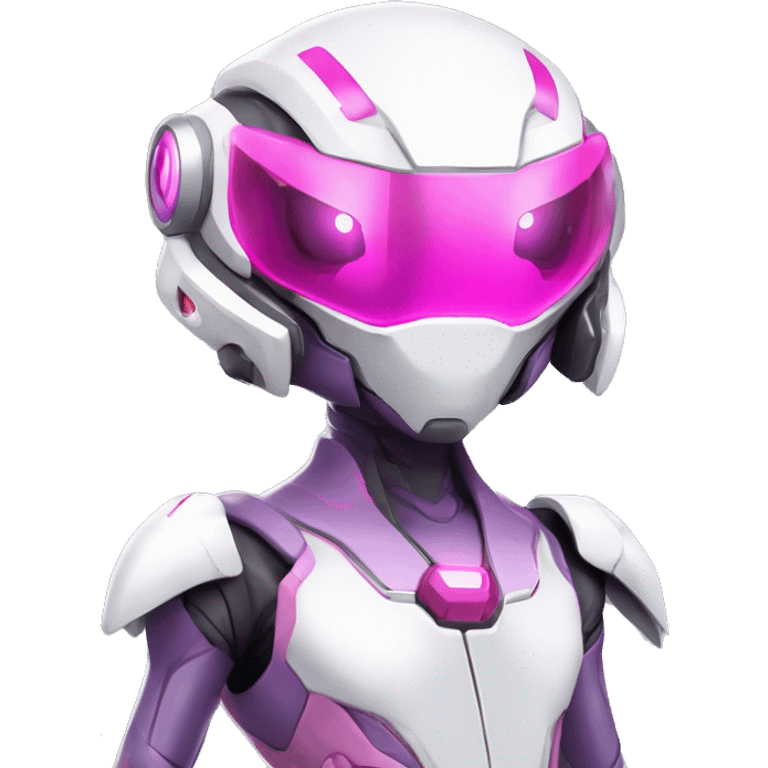 White Medabot-Lizard-Reptile-Raptor-Alien-Genesect-Mewtwo-Fakémon, with pink eyes, with a futuristic visor-helmet, wearing a techwear-suit, Full Body emoji