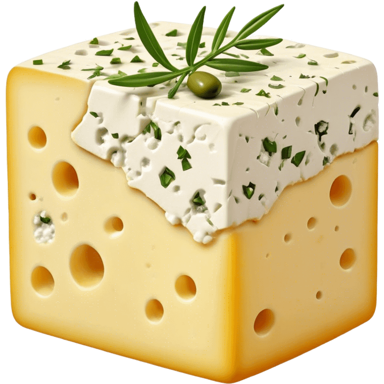 Cinematic Realistic Feta Cheese Dish Emoji, depicted as a block of crumbly, tangy cheese garnished with olive oil and herbs rendered with lifelike detail and soft natural lighting. emoji