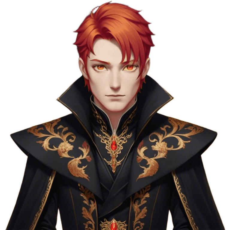 A tall and strikingly elegant High Fae male with fiery red hair, his golden eyes gleaming with cunning intelligence. He wears a luxurious black coat trimmed with copper embroidery, the fabric lined with fine gold stitching. His posture is relaxed yet calculated, his expression unreadable—except for the ghost of an arrogant smirk playing at his lips emoji