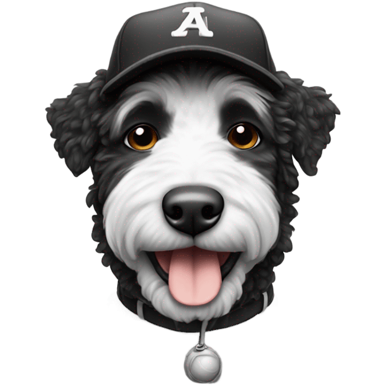 Black and white Aussie doodle in a baseball hat emoji