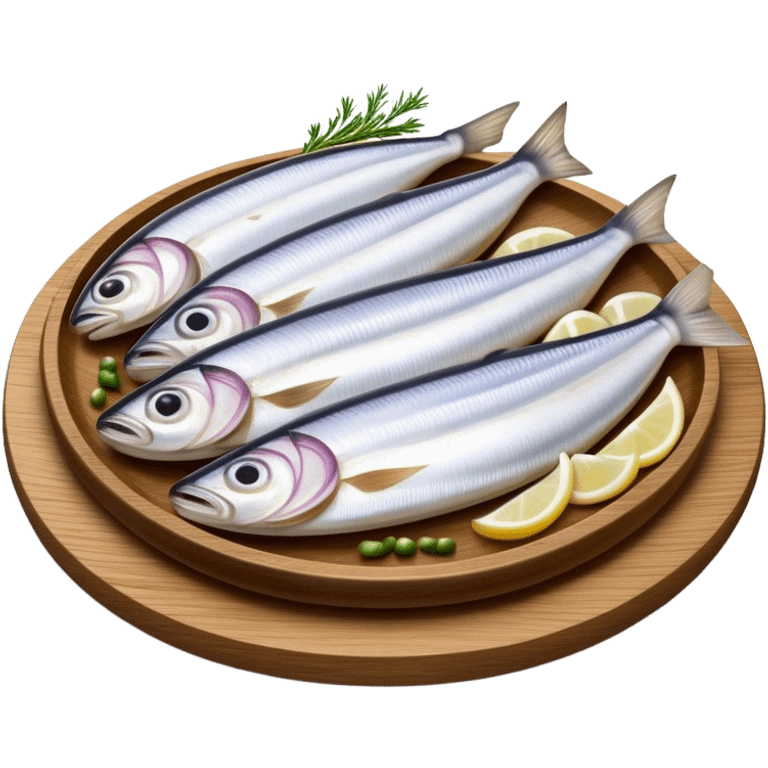 Cinematic Realistic Herring Dish Emoji, showcasing a traditional preparation of fresh herring with onions rendered with lifelike detail and cool, crisp lighting. emoji