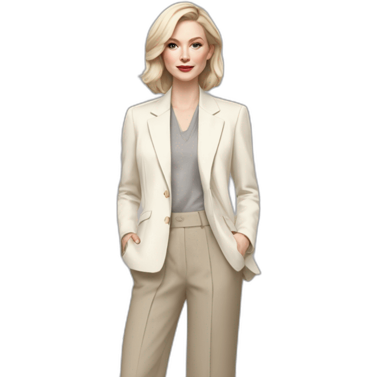 pale skin woman with ash blonde Straightened bob Hair, White Spacious classical jacket, beige palazzo Arrow pants and gray blouse holding a color palettes in the hands emoji