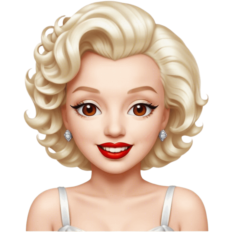 Cinematic Realistic Marilyn Monroe Emoji, featuring a glamorous, high-detail portrayal of the legendary Hollywood star. Her iconic platinum curls, radiant smile, and signature red lips are illuminated by dramatic, vintage-style lighting, evoking the timeless allure of classic cinema. emoji