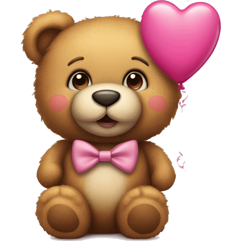 Cute teddy bear with a pink bow tie and a heart-shaped balloon emoji