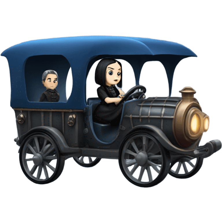 Wednesday Addams driving a blue and pewter steampunk electric wagon emoji