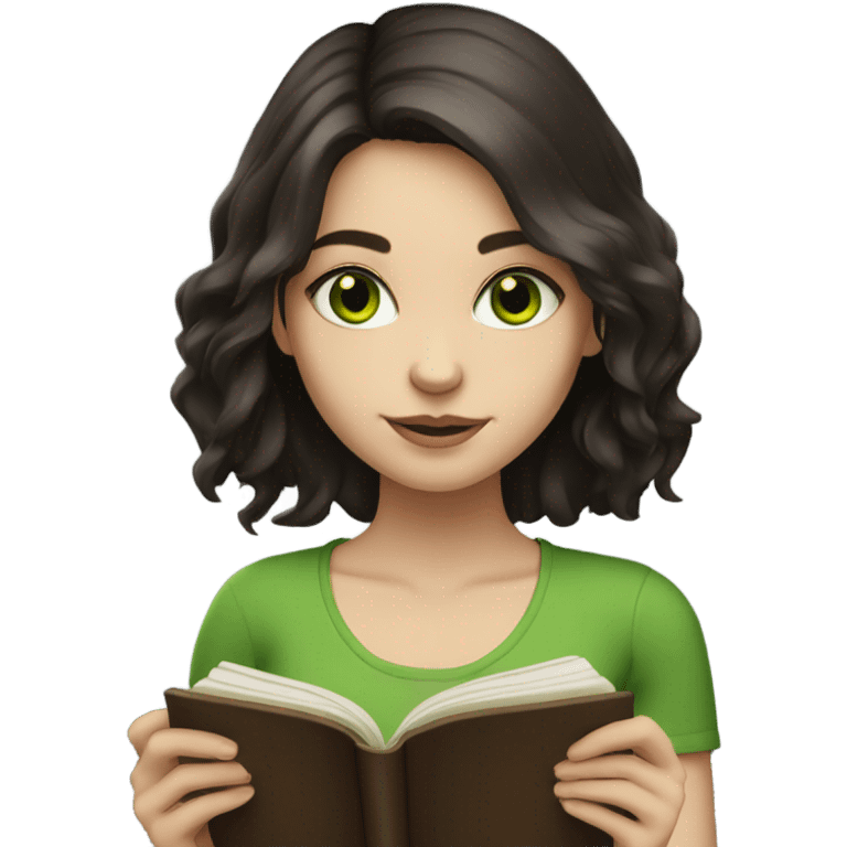 Girl with green eyes, shoulder length dark brown hair, pale skin, reading a book  emoji