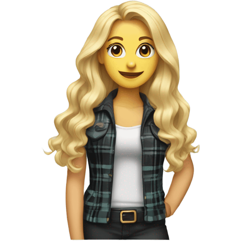 A lady with long blonde hair and a plaid jacket and a black tank top emoji