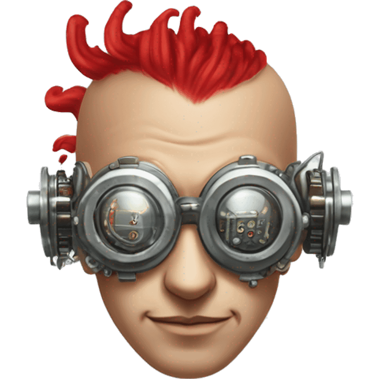 Bald cyborg head with red Mohawk, red beard. silver steampunk monocle goggles a smile and circuits emoji