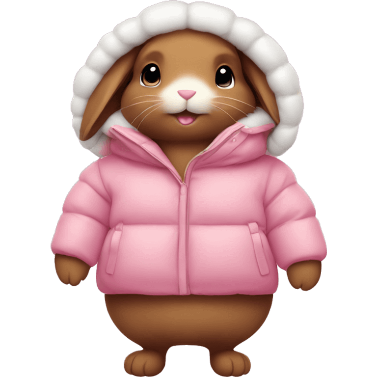 cute brown bunny in an oversized pink puffer coat emoji