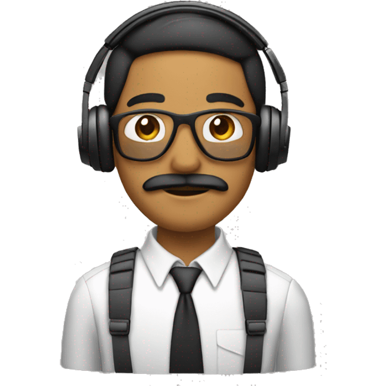 Make a brown man with mustache and with wired headphones and a computer and wearing a shirt  emoji