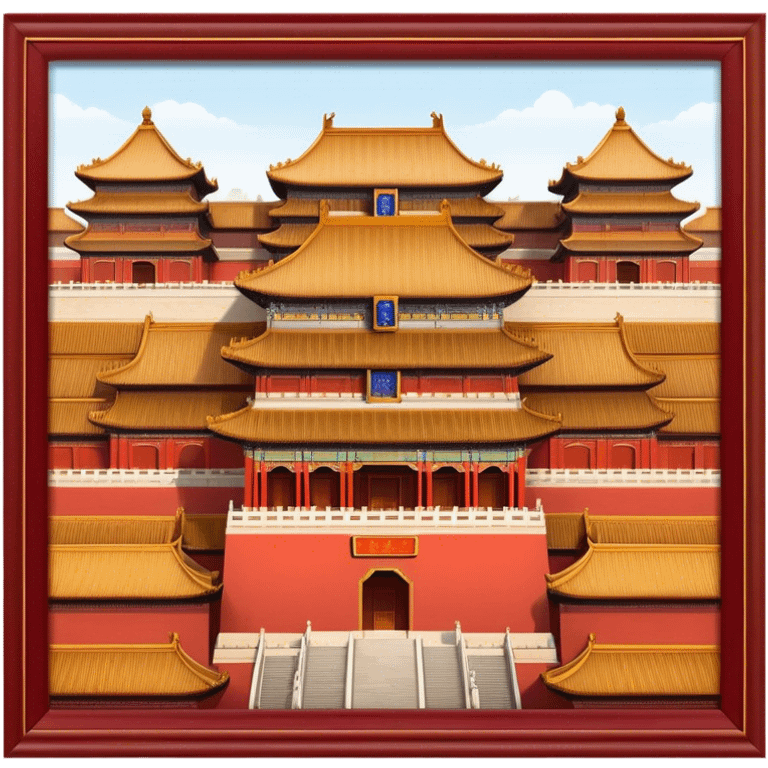 Cinematic Realistic Forbidden City Landmark Emoji, depicting grand imperial architecture with golden rooftops, vast courtyards, and intricate wooden carvings, all surrounded by towering red walls. emoji