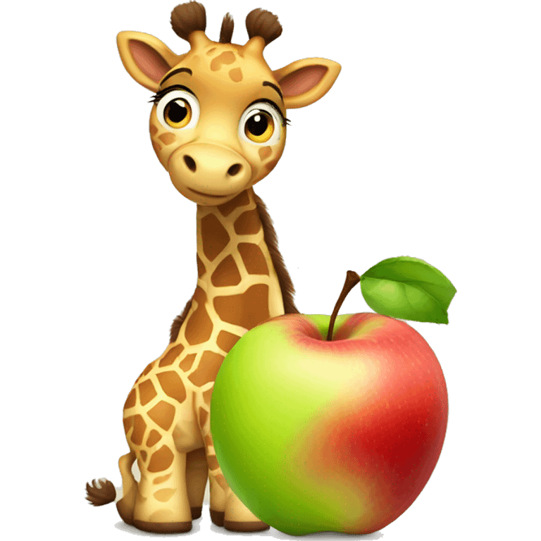 A cartoon looking baby Giraffe hugging a giant apple emoji