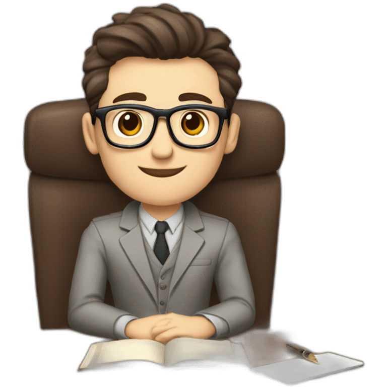 Pale skinned Fit Man With dark brown hair in gray jacket, beige office shirt, Brown pants and vintage glasses sitting In a soft chair with a notebook on spring with emblem Ψ and a pen emoji