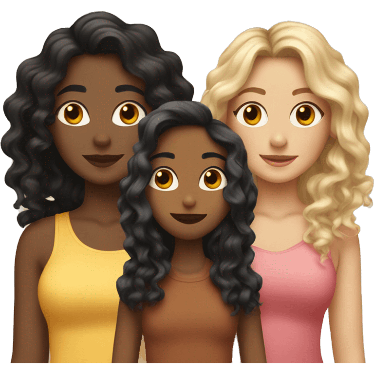 Three girlfriends, one with long wavy black hair, the other curly brown, the other blonde emoji